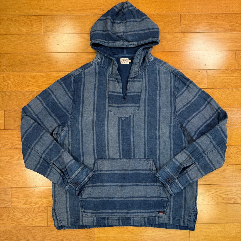 Faherty Brand Mens XL Indigo Dyed Cotton Striped Baja Hoodie Pullover Blue